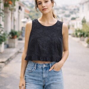 LoveShackFancy Black Embroidered Eyelet Ruffle Hem Tank Top